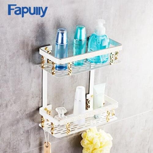Fapully Bathroom Shelves Dual Tier Wall Corner Mounted Storage Basket Rack Holder Bathroom Shelf