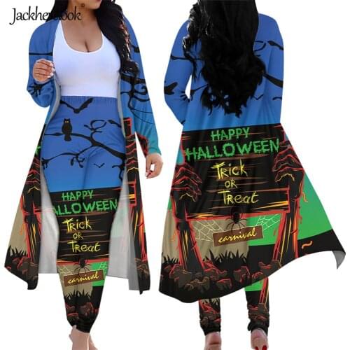Jackherelook Happy Halloween Trick or Treat Bat Ghost Print Open Front Cardigan Skinny Pants 2 Piece Clubwear Outfits Suit 2021