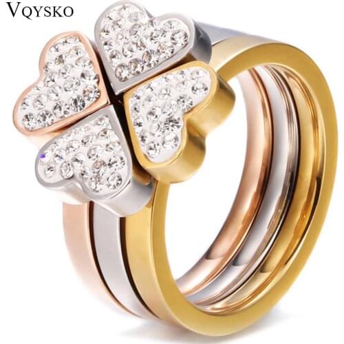 316L Stainless Steel Jewelry Unique 3in1 Heart Rings For Women Surgical Steel Nickle Free CZ Crystal Flower rings
