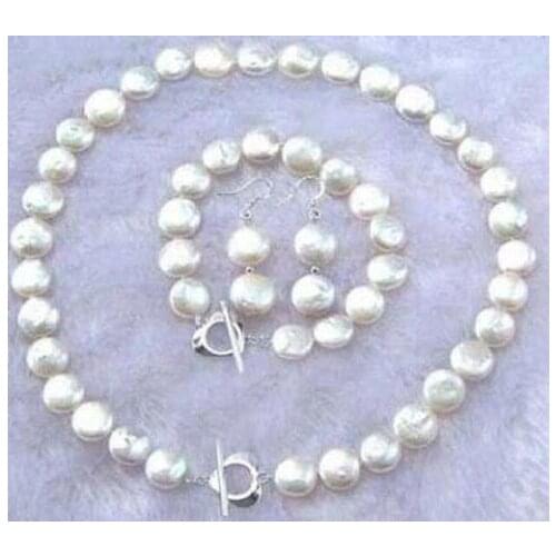 Real Pearl Jewelry Set 17 / 7.5 inches 11-12mm White Coin Shape Freshwater Pearl Necklace Bracelet Earrings Heart Clasp