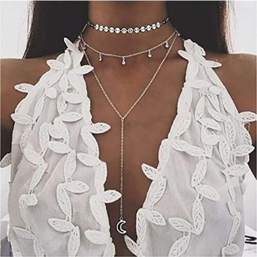 Layered Necklaces Coin Chain Choker Long Pendant Necklace Crystal Neck Jewelry Y-Necklace for Women and Girls