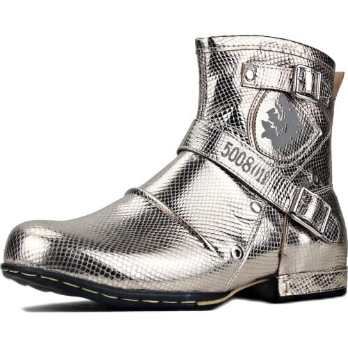 Fashion Genuine Leather Mens Ankle Boots High Quality Cowboy Chukka Boots Zipper Golden Motorcycle Boots Men Western Boots