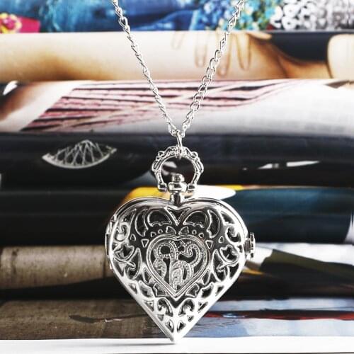 Fashion Silver Heart Shaped Lovely Hollow Elegant Quartz Pocket Watch Necklace Pendant for Women Ladies girl Birthday Gift P605
