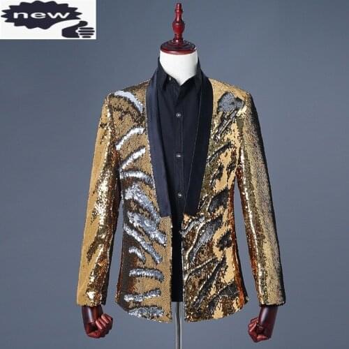 Mens Golden Sequins Suit Club DJ Glitter Magic Stage Show Slim Fit Blazer Jacket Man Casual Outwear Hombre Cardigan Coat
