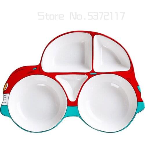 New Childrens Ceramic Tableware Creative Cartoon Car Bowl Cute Grid Plate Baby Bone China Household Snack Bowl With Fork Spoon