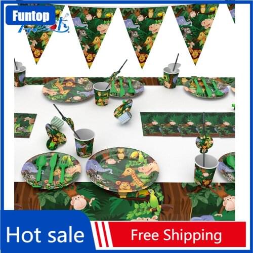 Cute Jungle Animal Theme Cartoon Party Disposable Tableware Plate Cup Napkin Tablecloth Kid Safari Party Decor Lion Monkey Tiger