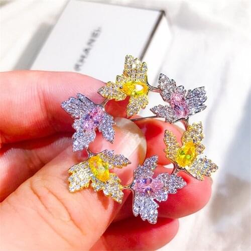 OKILY Luxury Colorful Cubic Zirconia Flower Brooches Pin for Women Delicate Garland Banquet Pins and Brooch Dress Decoration