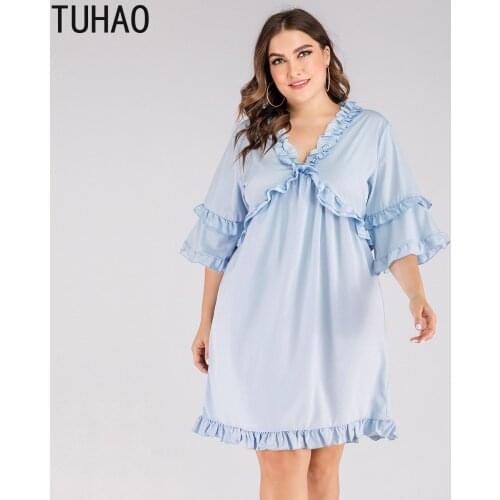 TUHAO 2020 Sweet Style Women Dress Light Blue Color Ruffles Female Dresses Plus Size 4XL 3XL Fashion Casual Womans Dress WM74