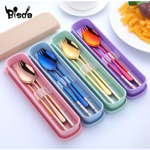 3Pcs Tableware Set Spork Chopsticks with Wheat Box Portable Student Picnic Utensil Salad Spoon Fork Kit Stainless Dinnerware Set