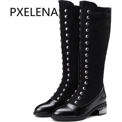 PXELENA Double Rivet Retro Punk Gothic Knee High Riding Knight Boots Women Chunky Square Med Heels Long Motorcycle Combat Boots