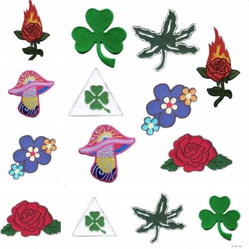 Rose Embroidered Appliques Iron On Lucky clover Patches wholesale coloured mushroom Badges for Clothing Diy Clothes Bags Decor
