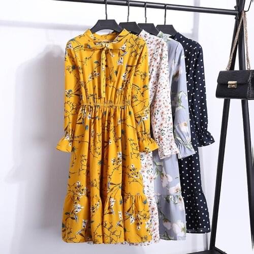 Chiffon High Elastic Waist Party Dress Bow A-line Women Full Sleeve Floral Print Bohemian Dress Female Vestido Casual Plus Size