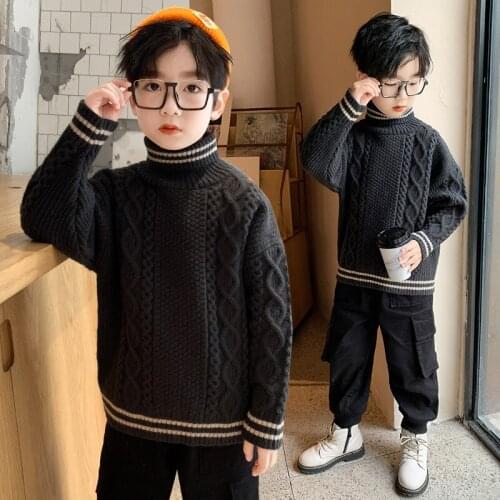 2021 Boys Sweaters Kids Black Khaki Pullover Knit Clothes Autumn Winter Long Sleeve Turtleneck Thicken Children Knitted Clothing