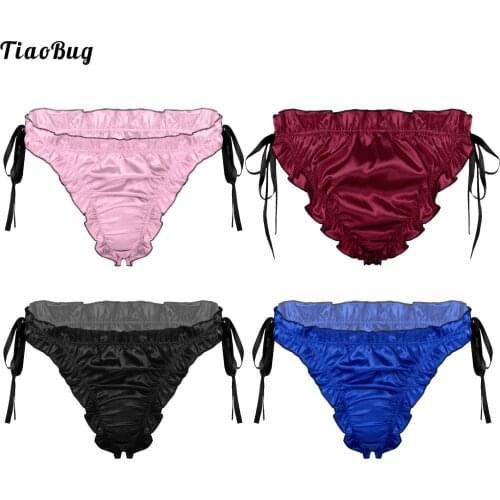 TiaoBug Summer Sissy Men Low Rise Ruffles Satin Swimming Briefs Breathable Lace-Up Pleated Trim Underpants Bikini Underwear