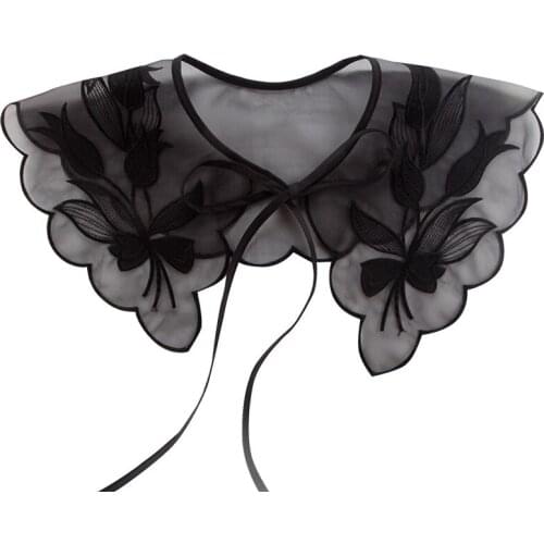 YSMILE Y Sweet Black Chiffon Fake Collar Embroidery Floral Tie Up Exaggeration Clothes Accessories Remove All Match Collar
