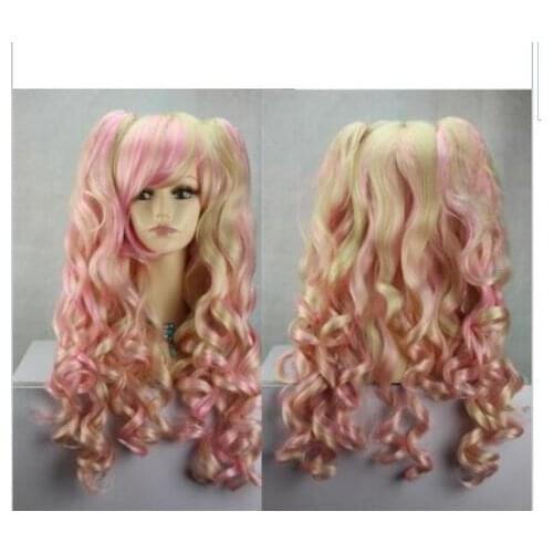 Zhaoxia++01306@Q8@new pink light blonde mix long curly cosplay wig + two ponytails
