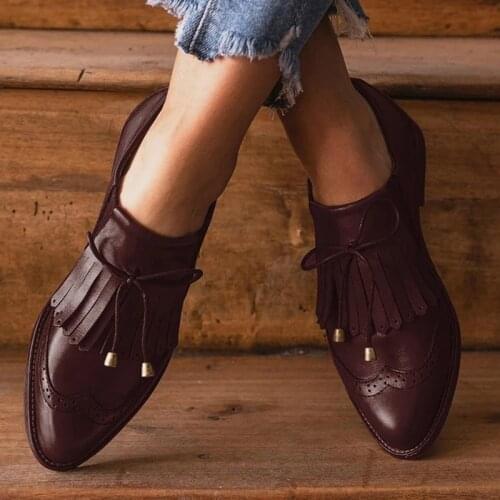 Autumn Shoes for Women 2021 Round-toe Splicing Tassel Shoes PU Leather Lace Up Casual Ladies Flats Low Cut Female Footwear
