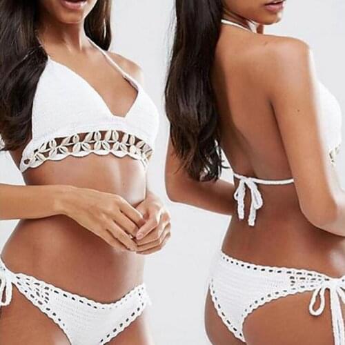 Sexy girl cotton rope knitted crochet shell bikini sets thongs swimwear handmade swimsuit knitting bathing suit for women