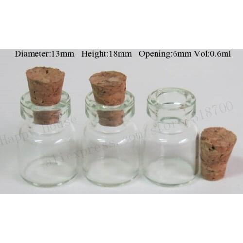 1000pcs/lot 0.6ml Mini Glass Bottle with wood cork,0.6cc small cork stopper glass sample vials,13mm*18mm*6mm