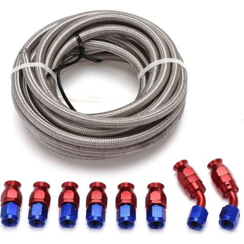 16FT 6AN 3/8" PTFE E85 Hose Braided Fuel Injection Line Fitting KitStainless Steel Silver w/10pcs AN6 Hose Fitting Kit Blue & R