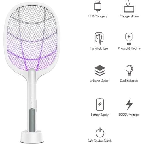2-in-1 Handheld Bug Zapper Racket Electric Fly Swatter Mosquito Killer with Table Charging Base Rechargeable Battery for Bedroom