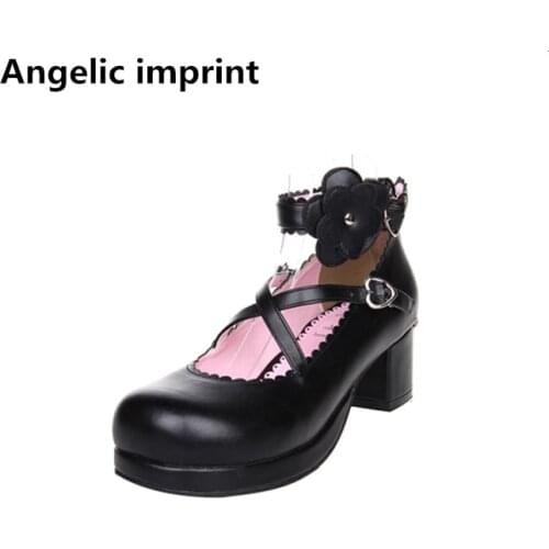 Angelic imprint woman mori girl lolita cosplay shoes lady mid heels pumps women princess dress party shoes 33-47 flowers 4.5cm