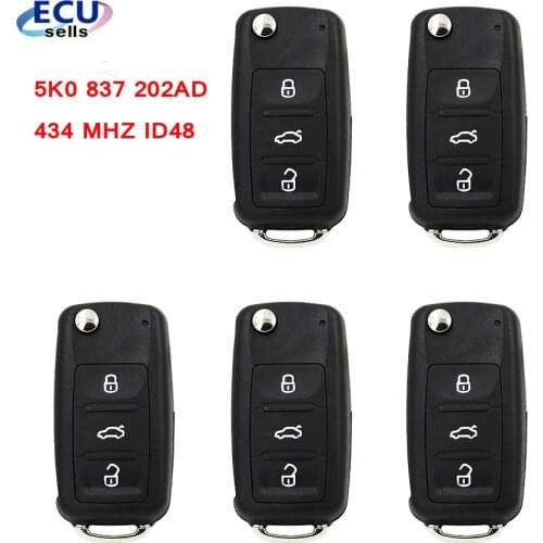 5PCS/LOT 3 Button Remote Key Fob for VW VOLKSWAGEN PASSAT Tiguan Sagitar Lavida 5K0 837 202AD 434 MHZ- ID48