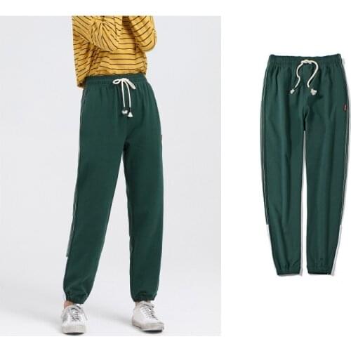 Obrix Female Casual Style Spring Summer Sporty Pants Mid Waist Loose Drawstring Side Striped Embroidery Streetwear Harem Pants