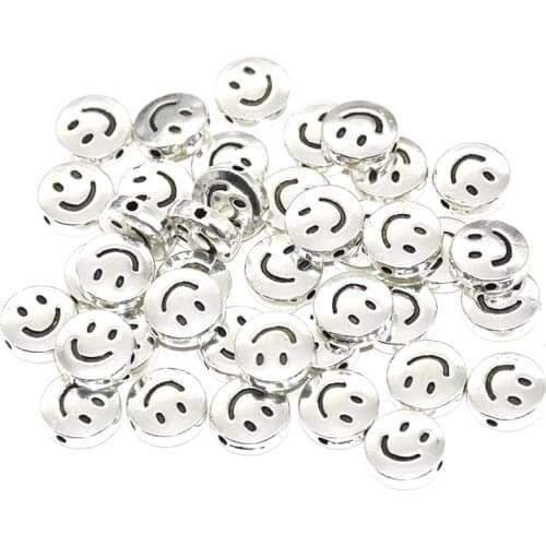 18pcs Antique Silver Round Double Sided Smiley Face Beads Smile Charms for Jewelry Bracelet Necklace Accessories Making 10*10mm