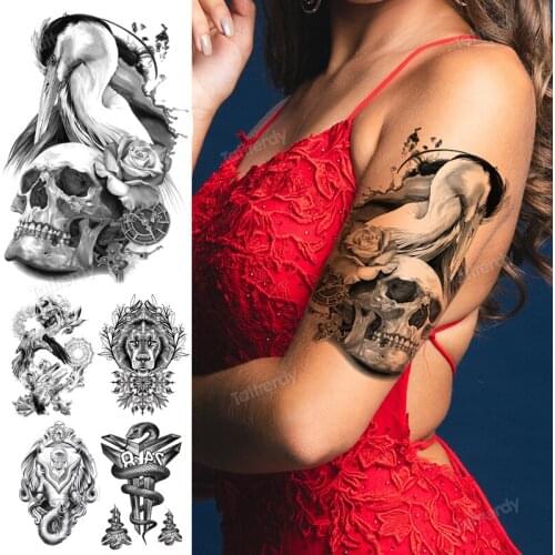 Skull rose snake flower tattoo sleeve arm body art painting waterproof black tattoo sticker transfer fake henna sketch line