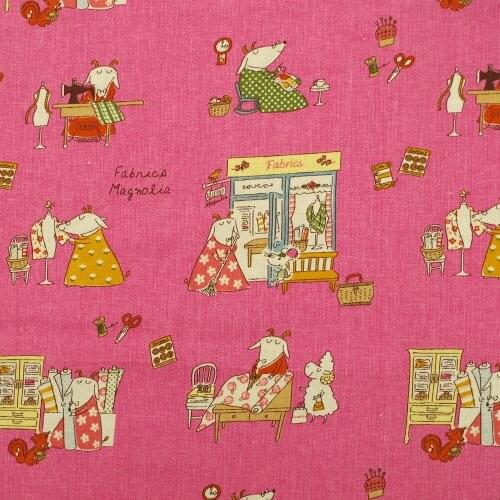 Cotton Linen Fabric for sewing pathwork, bedding, hadmaking, Handmade Life of Goat Drucker Couple on Deep Pink (width=140cm)