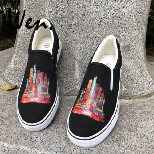 Wen Shanghai Guangzhou Beijing Hongkong Landmarks of China Cities Original Designs Slip On Black White Canvas Unisex Sneakers