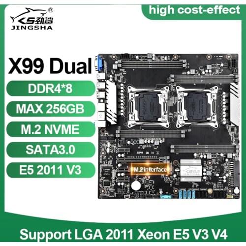 X99 Dual CPU Motherboard LGA 2011-V3/V4 Socket Dual Gigabit Ethernet VGA, USB3.0,10* SATA3.0, NVMe M.2, 8* DDR4 Up to 256GB