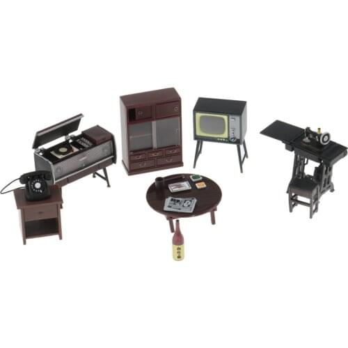 7pcs Dollhouse Miniature Phone Table, Stool, Bookcase, Round Table