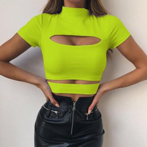 Fashion Summer 2019 Womens T Shirt Neon Yellow Black Hollow Out High Neck Short Sleeve Sexy Trendy Clothes