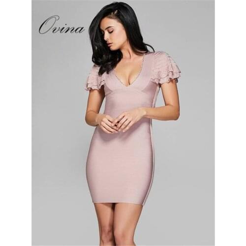 Newest Women Dresses V Neck Short Butterfly Sleeve Mini Bodycon Bandage Dress