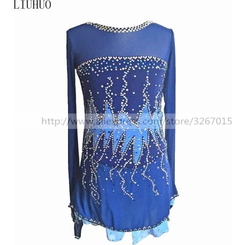 Figure Skating Dress Womens Girls' Ice Skating Dress Star same style Round neck long sleeve style Navy blue Handmade rhinestone