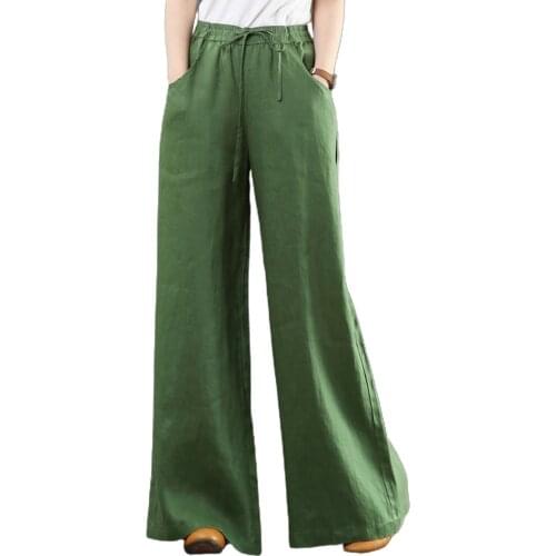 Casual Women Solid Color Wide Leg Pants High Waist Pockets Loose Long Trousers M-3XL