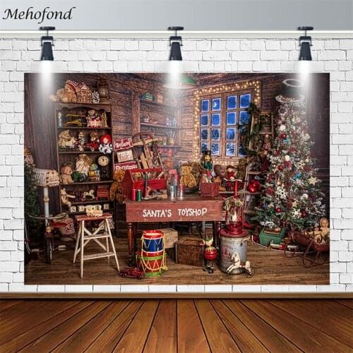 Merry Christmas Backdrop Winter Tree Santas Toy Shop Bear Trojan Horse Photography Background Photostudio Photocall Decor Props