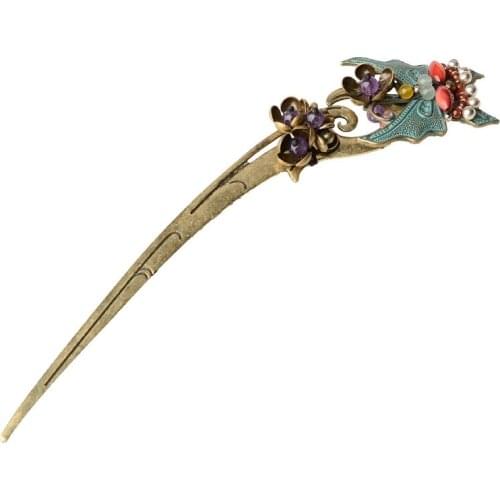 Purple crystal vintage hair jewelry,Aventurine Ethnic hair sticks,blue bronze butterfly hair pin
