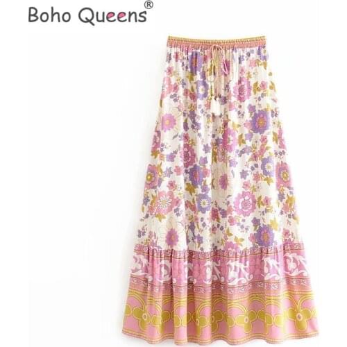 Boho Queens Hippie women pink floral print beach Bohemian pleated skirt ladies High Elastic Waist A-Line rayon Boho Maxi Skirt