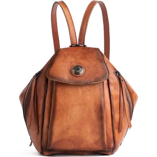 Genuine Leather Women Rucksack Knapsack Travel Brush Color Bag Retro Girls School Book Bags Female Real Cowhide Daypack Backpack