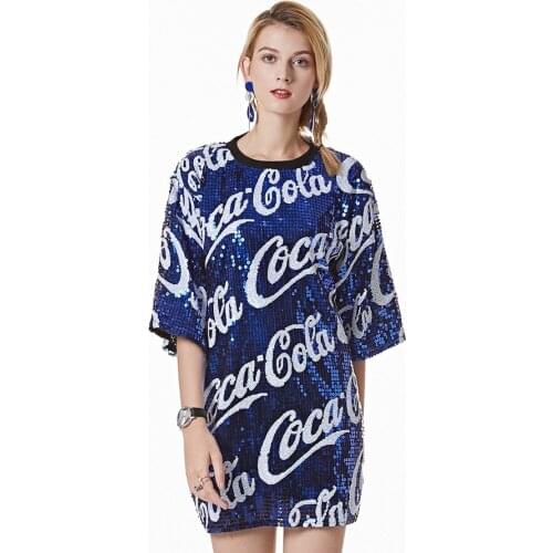 Summer Vintage Fahion Straight Half Sleeve O-neck High Street Letter Black Red Blue Free Size Club party Women Sequin Dress 9958