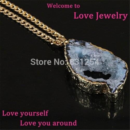 1pc Raw Geode Druzy Quartz Big Hole Stone Pendant Necklace Charm Women Necklace Stone Statement
