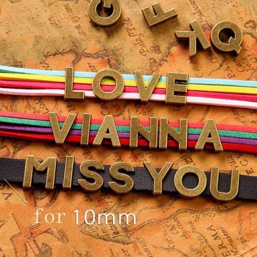 10mm Antique Bronze Letters Slide Charms Flat Hole Metal Beads Keeper Fit 8mm Stainless Steel Mesh Bracelets DIY Jewelry Making