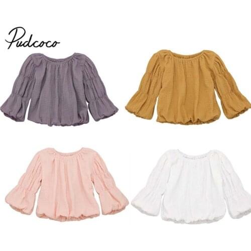 2019 Baby Spring Autumn Clothing Newborn Baby Girls Long Lantern Sleeve Tops Solid Shirts Blouse Round Neck Clothes 1-6T