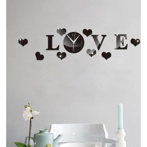 3d Wall Clock Mirror Sticker Mute Love Heart Diy Home Office Decoration He