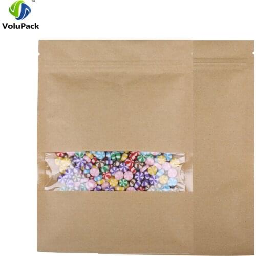 Free Shipping Kraft Paper Bag Window Zip lock Empty Dried Food Fruit Tea Gift package Self Sealing Zipper Flat Bags 100pcs