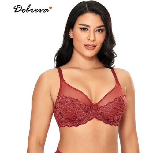 DOBREVA Womens See Through Underwire Lace Bra Full Coverage Unlined Minimizer Plus Size Bralette