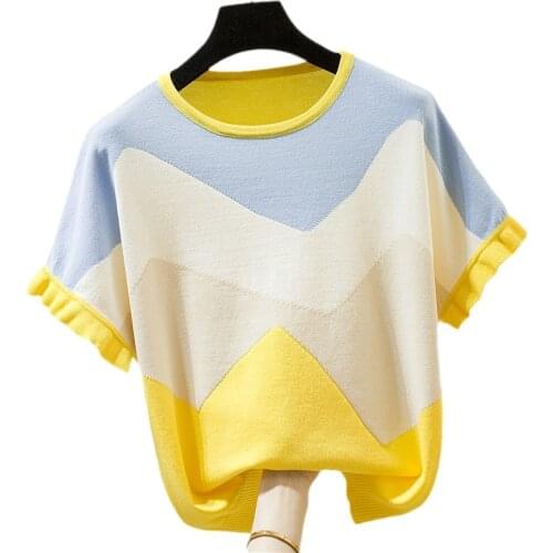 Summer Short Sleeve Knitting Tees Tops Brand T Shirt Womens Clothing Fashion 4 Color Stitching Shirt